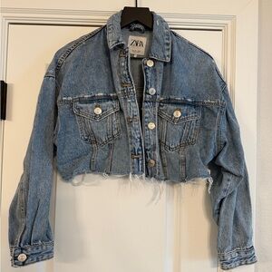 Zara Cropped Distressed Blue Denim Jacket
